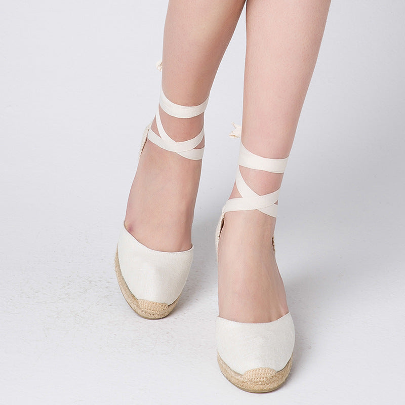 Women's Solid Color Hemp Sole Strap Wedge Sandals