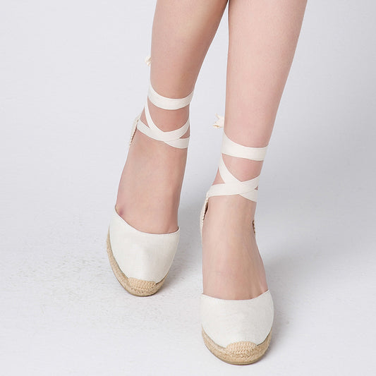 Women's Solid Color Hemp Sole Strap Wedge Sandals