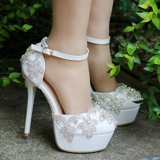 Women's Rhinestone Wedding White Pumps Plus Size High Women's Shoes