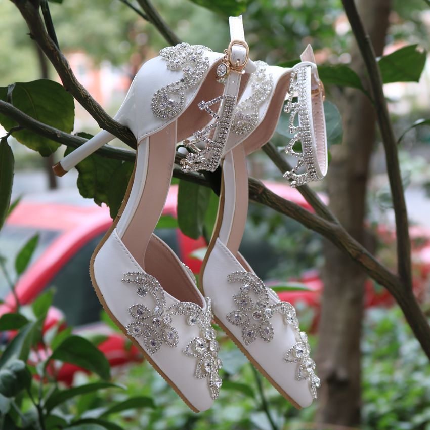 Women's Tassel Rhinestone Stiletto Pointed Toe White Sandals