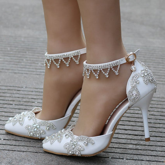 Women's Tassel Rhinestone Stiletto Pointed Toe White Sandals