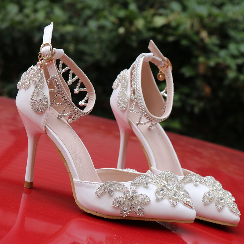 Women's Tassel Rhinestone Stiletto Pointed Toe White Sandals