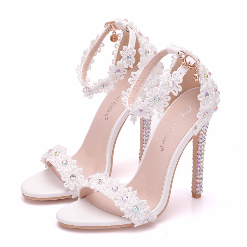 White Single Strap Stiletto Roman Lace Sandals