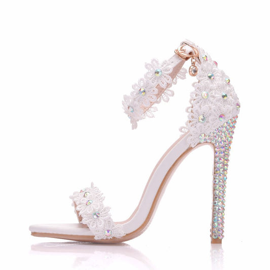 White Single Strap Stiletto Roman Lace Sandals