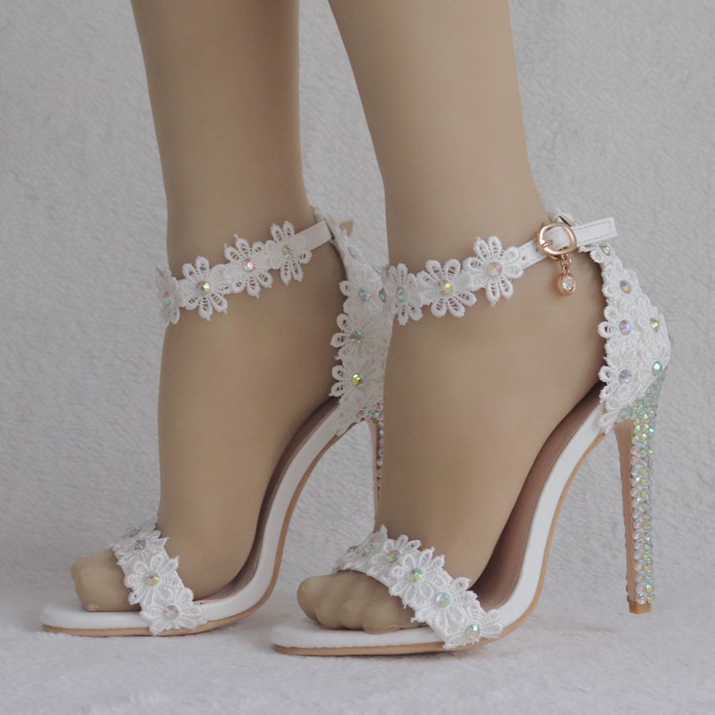 White Single Strap Stiletto Roman Lace Sandals