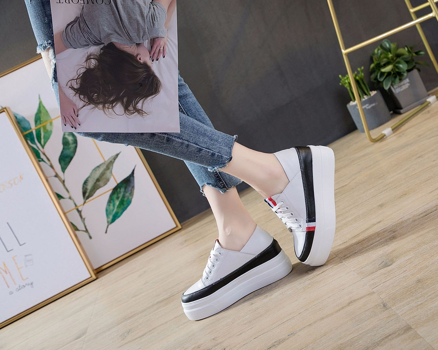Women's Platform White Height Increasing Korean Style Genuine Women's Casual Shoes