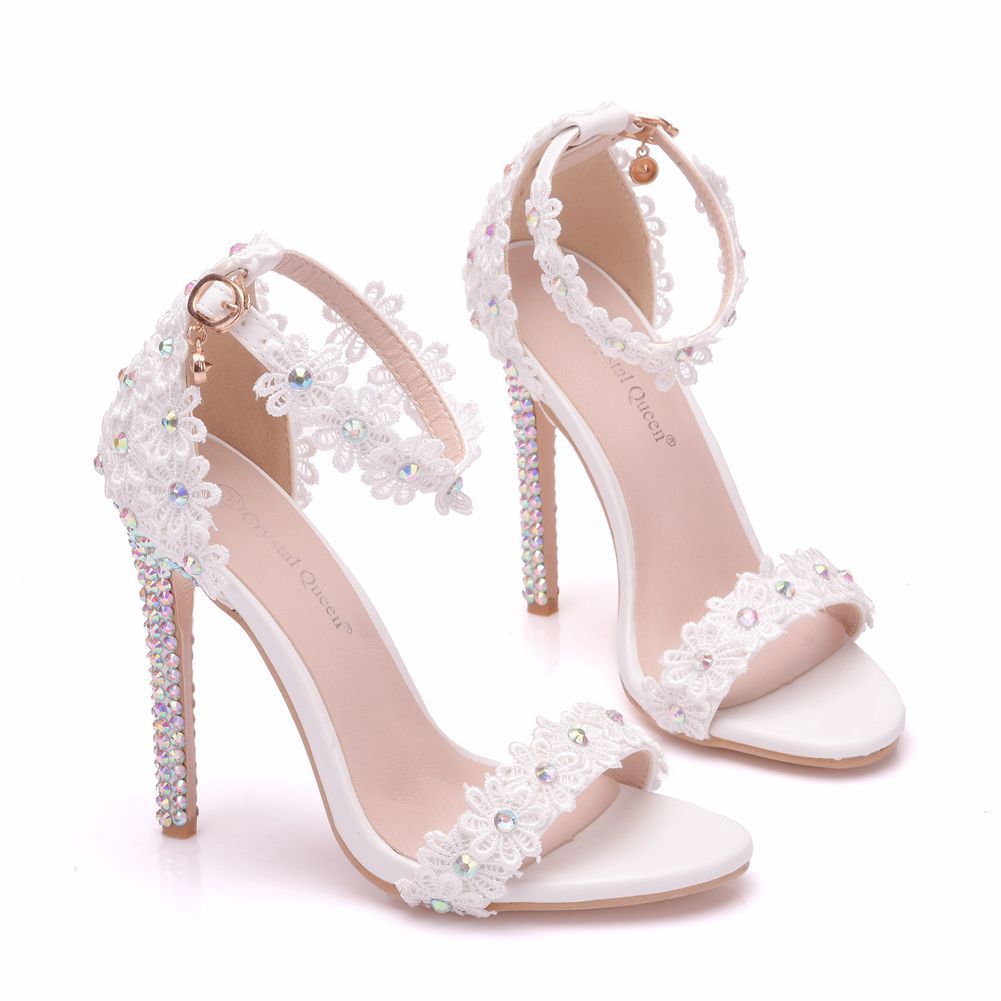 White Single Strap Stiletto Roman Lace Sandals