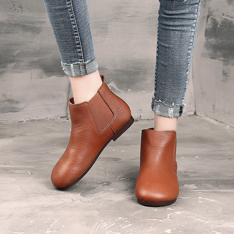 Women's Handmade Genuine Ankle Flat Artistic Vintage Fleece-lined Female Mori Round Women's Leather Boots