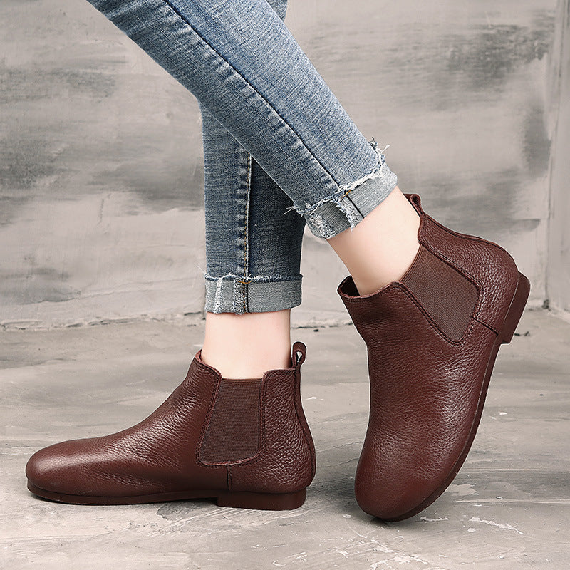 Women's Handmade Genuine Ankle Flat Artistic Vintage Fleece-lined Female Mori Round Women's Leather Boots