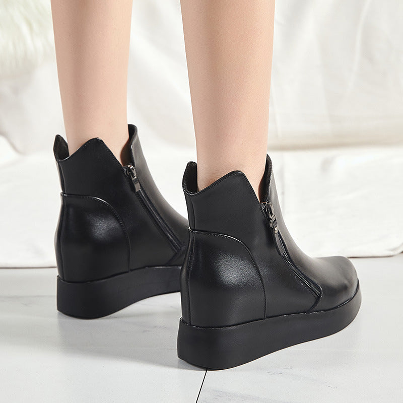 Women's Genuine Elevator Martin With Zipper Wedge Boots