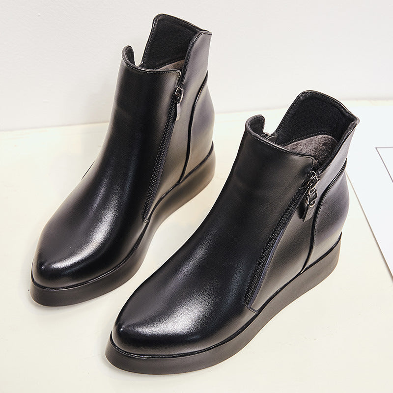 Women's Genuine Elevator Martin With Zipper Wedge Boots