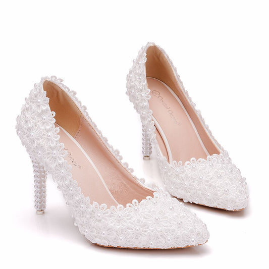 Women's Lace Pointed Toe Wedding Stiletto Pearl Women's Shoes