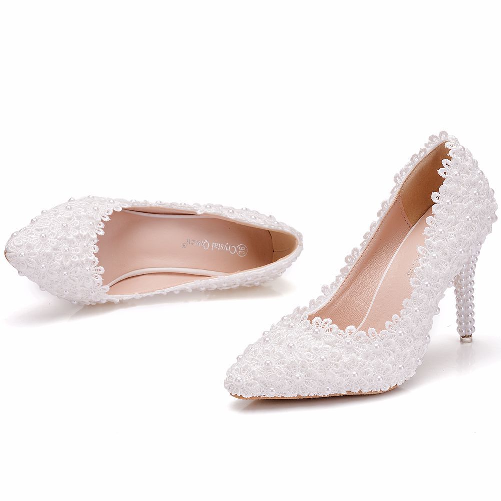 Women's Lace Pointed Toe Wedding Stiletto Pearl Women's Shoes