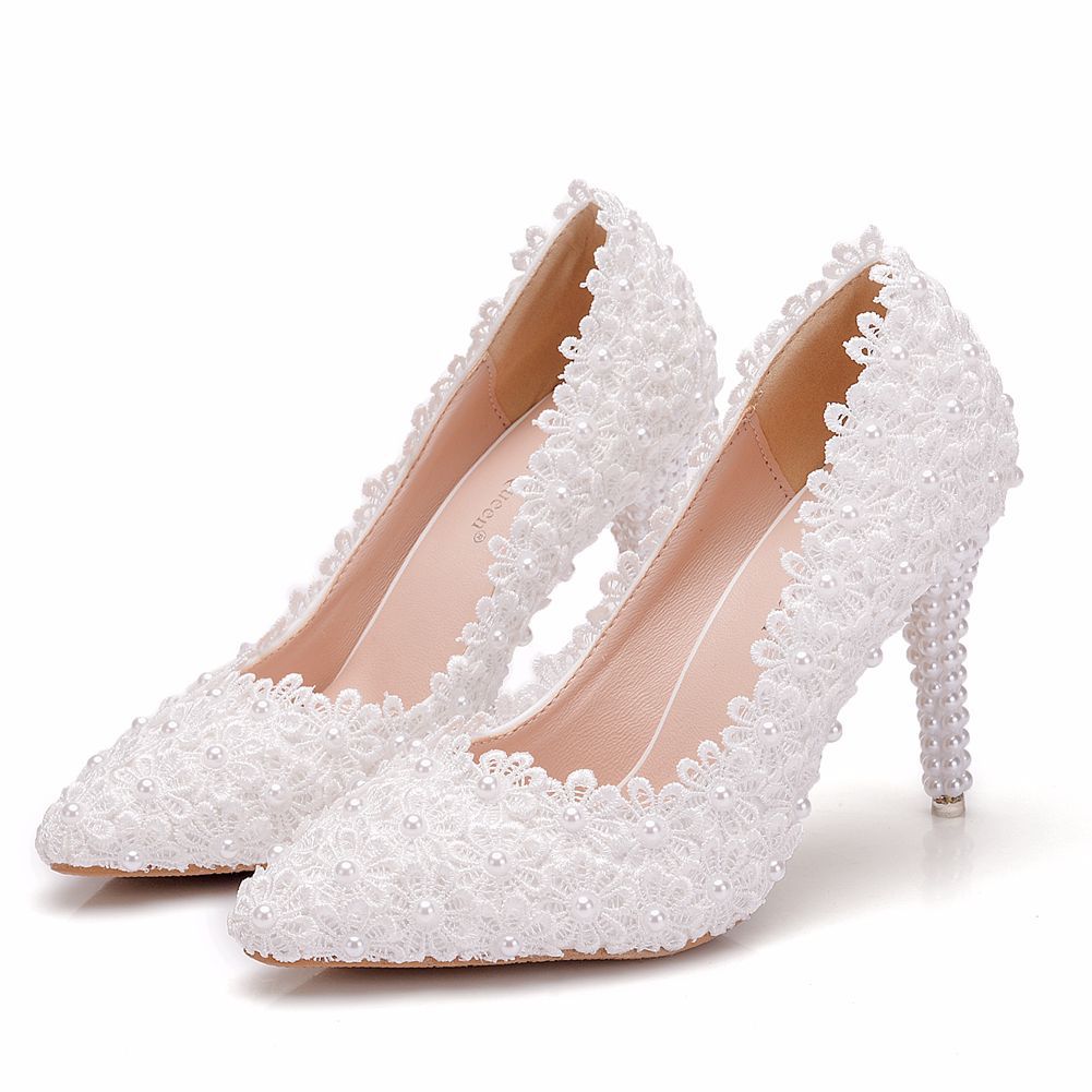 Women's Lace Pointed Toe Wedding Stiletto Pearl Women's Shoes