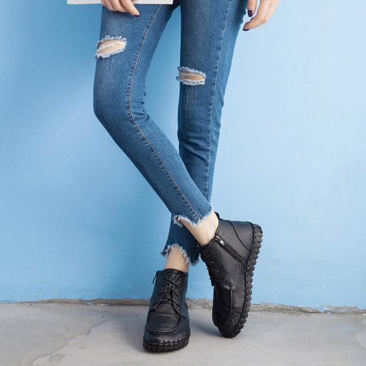 Women's Up Round Toe Top Layer Cowhide Boots