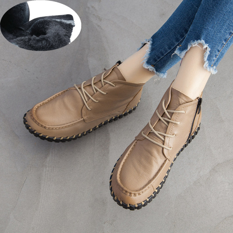 Women's Up Round Toe Top Layer Cowhide Boots