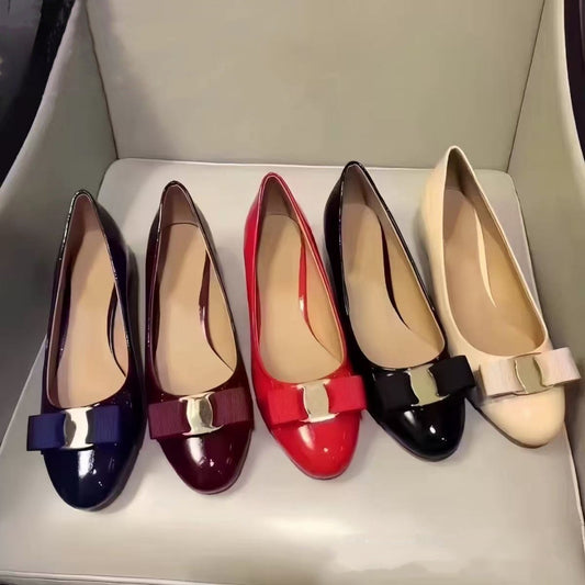 Women's High Version Red Thick Bow Patent Heels