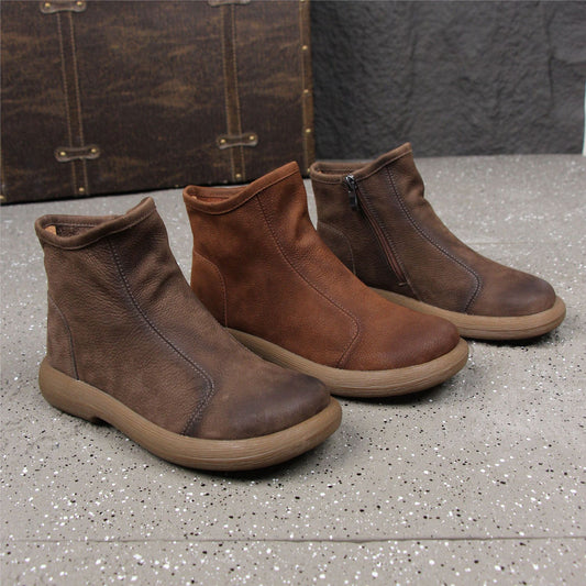 Women's Cowhide Retro Round Toe Side Zipper Short Boots