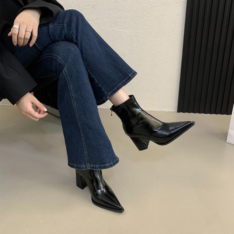 Toe Chunky Booties Female Style Niche High Women's Leather Boots
