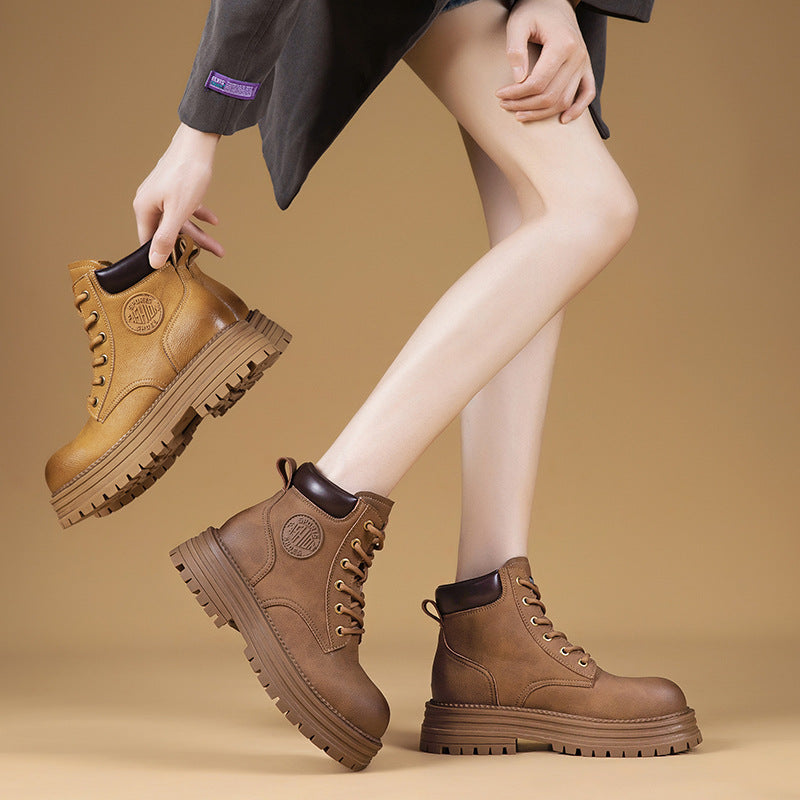 Women's Platform Elevator Wild Worker Retro Short Tube Women's Leather Boots