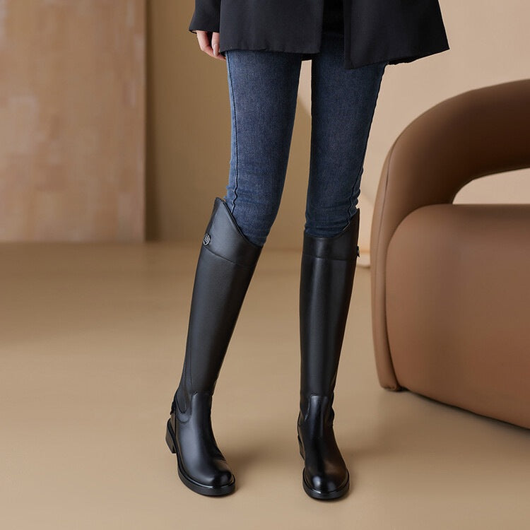 Women's Low Tall Knight Flat Black Women's Leather Boots