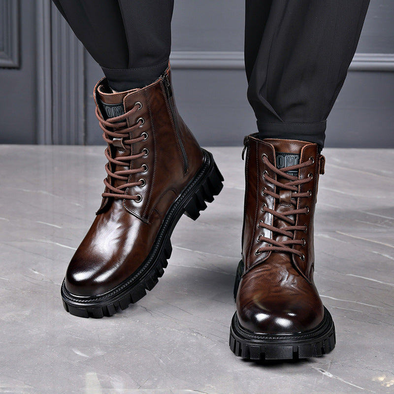 Men's Cowhide Martin Trendy Side Zipper Worker Boots