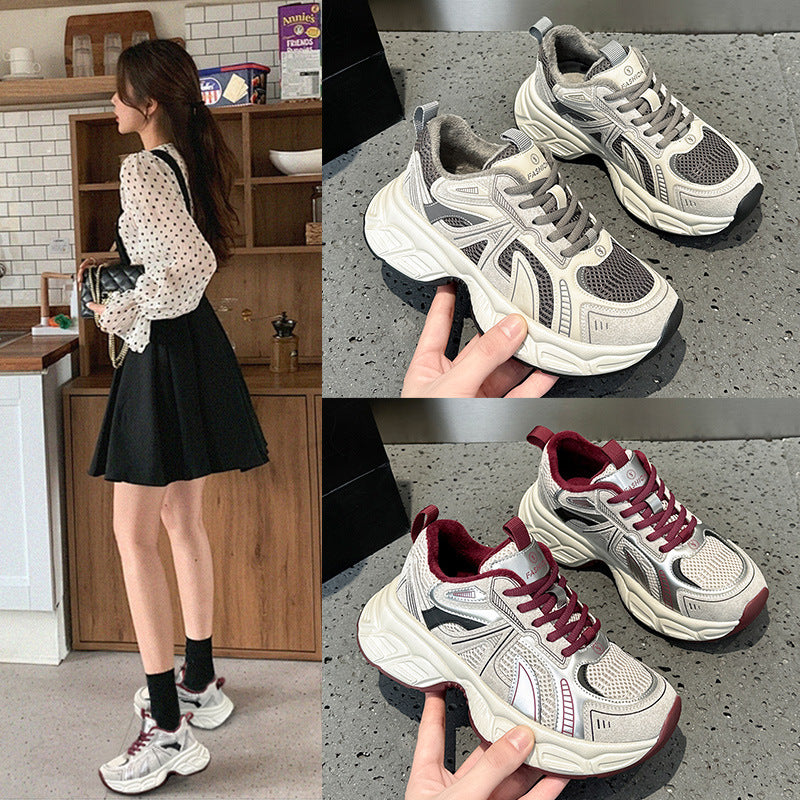 Women's Retro Platform Dad Fleece-lined Red Pair Of Shoelace Women's Sports Shoes