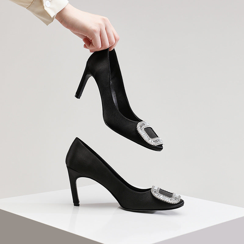 Women's Toe High Satin Wedding Square Buckle Women's Shoes