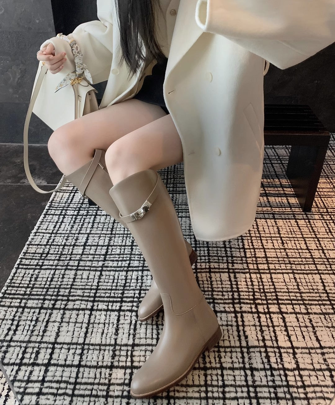 Women's Second Hair Genuine Oblique Lock Side Zipper Thick High Tube Women's Leather Boots