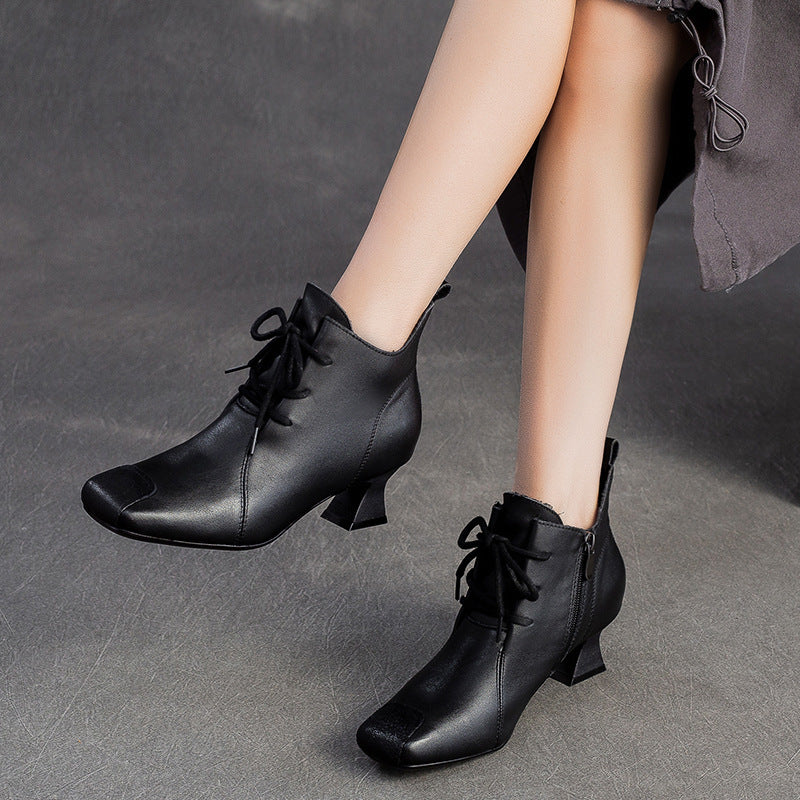 Women's Shu First Layer Cowhide Square Head Zipper High Fashion Women's Shoes