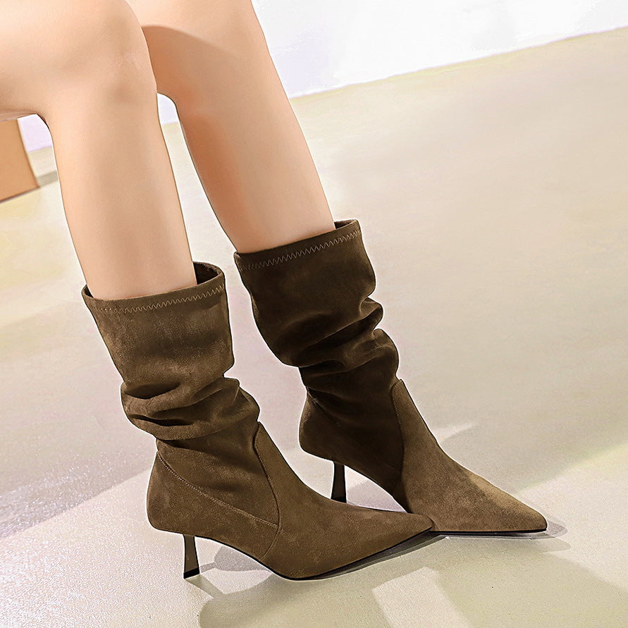 Women's Stretch Pleated Pile Style Stiletto Short Boots