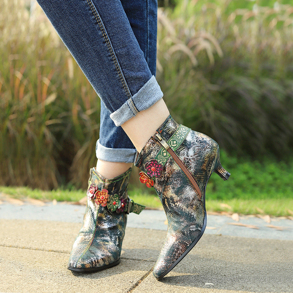 Women's Pattern Flower Beads Belt Buckle Low Boots