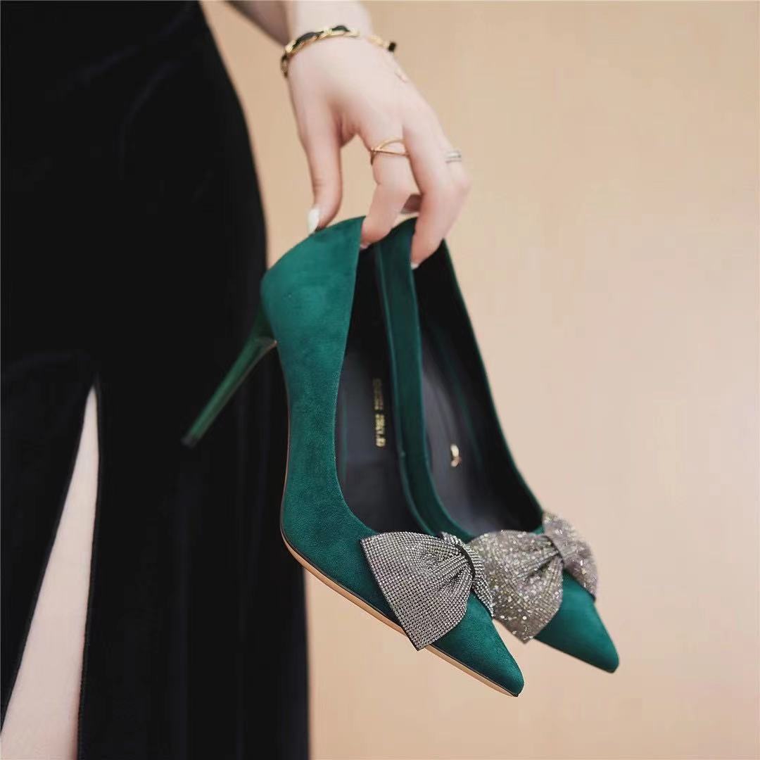 Women's High Pointed Stiletto Shallow Mouth Suede Rhinestones Bow Graceful Heels
