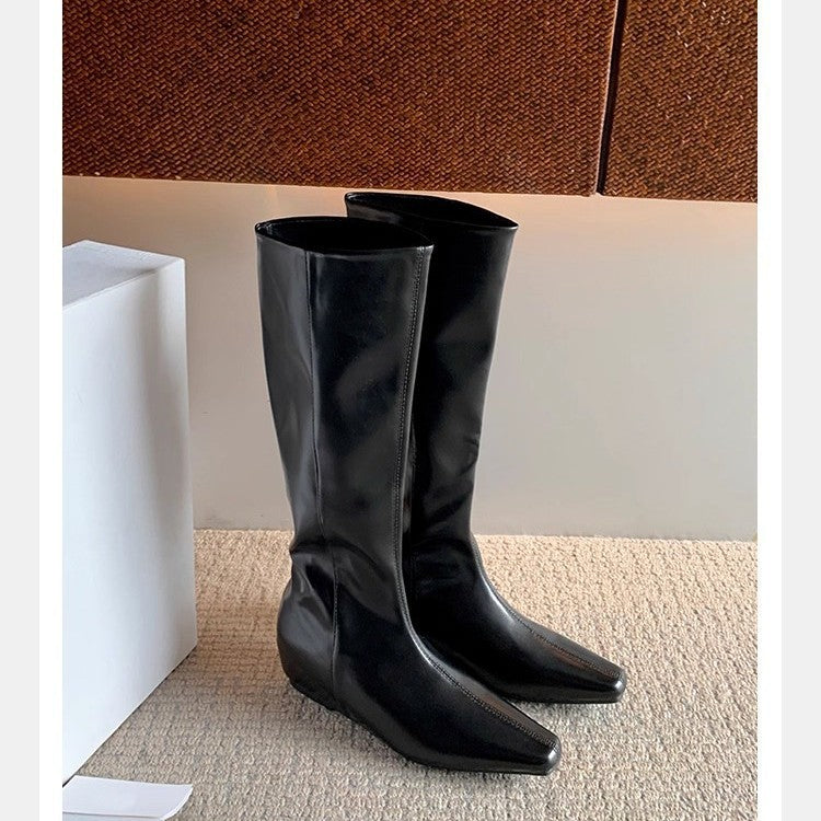 Insole Minimalist Square Toe Back Zipper Thin Booties Female Genuine Women's Leather Boots