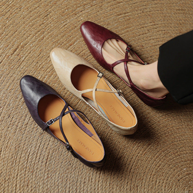 Women's Genuine Cross With Shallow Mouth Pumps Flat Wine Red Mary Women's Casual Shoes
