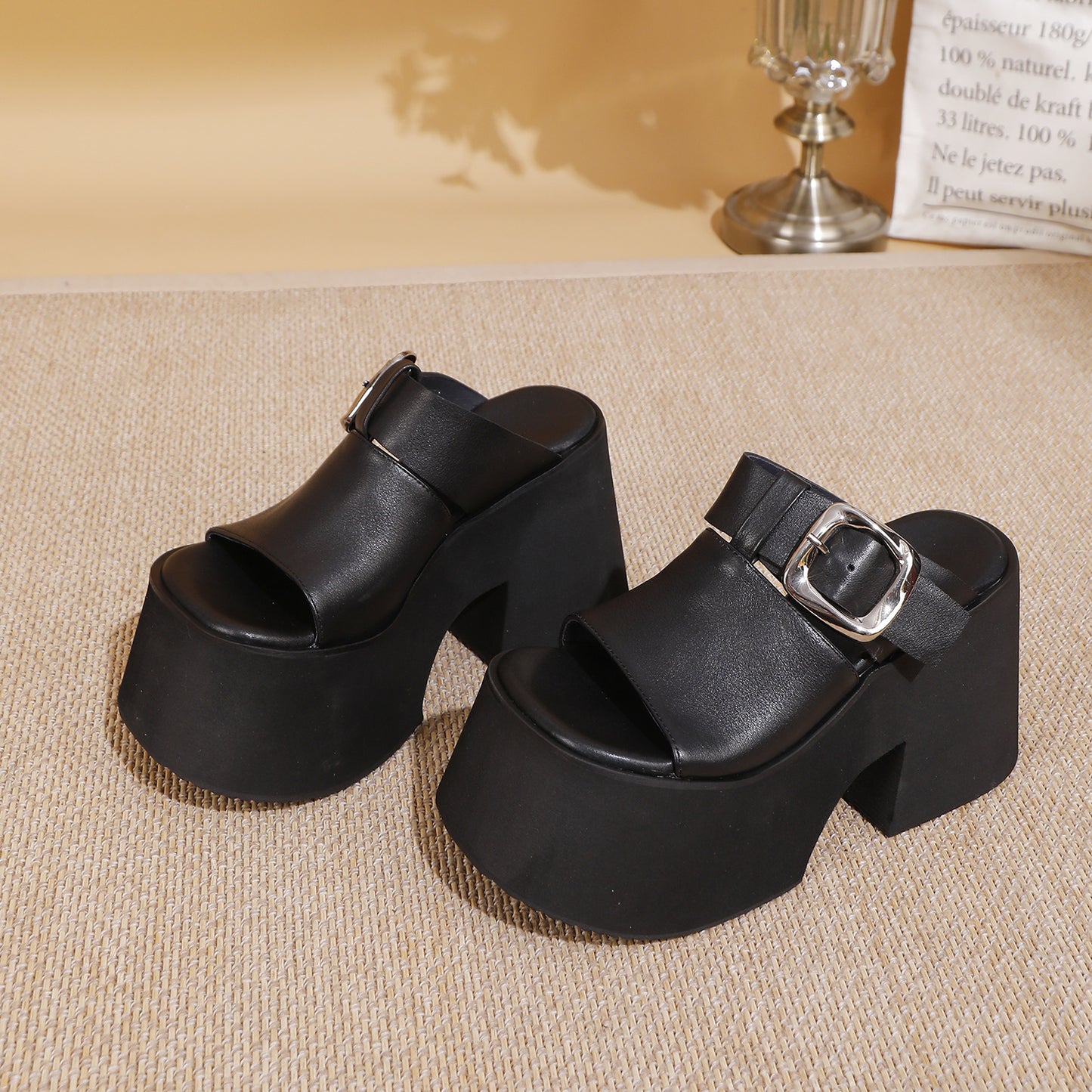 Women's Ancient Summer First Layer Cowhide Platform Height Increasing Outer Wear Slippers