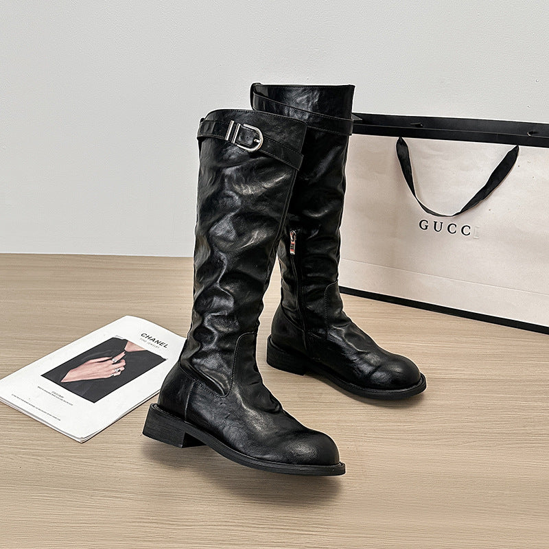 Thick Bottom Riding Plus Size Pleated Soft High Women's Leather Boots