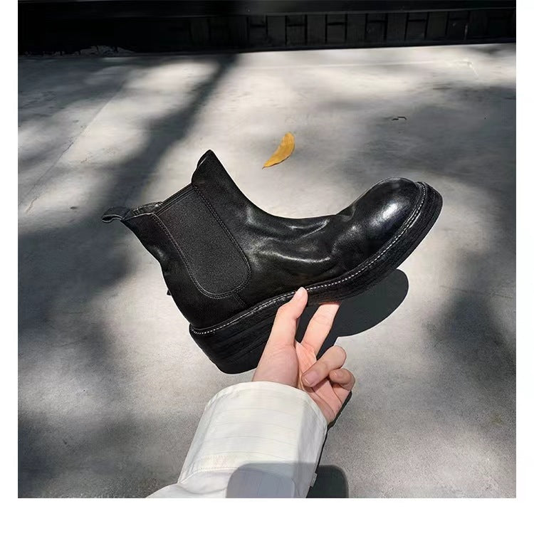 Women's Washed Horse Pleated Chunky Platform Smoke Pipe Boots