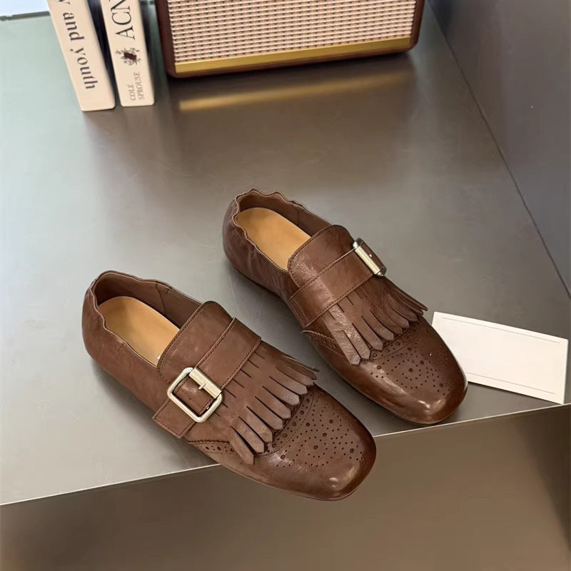 Women's Cowhide Square Head Carved Niche Tassel Spring Vintage Loafers