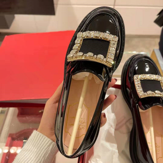 Women's Version Authentic British Style Thick Bottom Flat Square Buckle Rhinestone Loafers