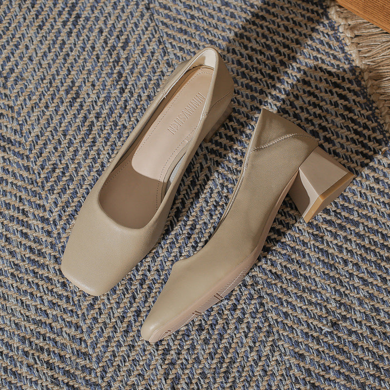 Women's Square Toe High Chunky Lambskin Solid Women's Shoes