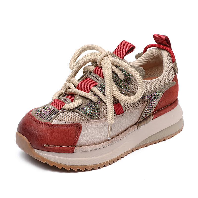 Women's Beautiful Natural Color Genuine Retro Dad Platform Hot Drilling Sneakers