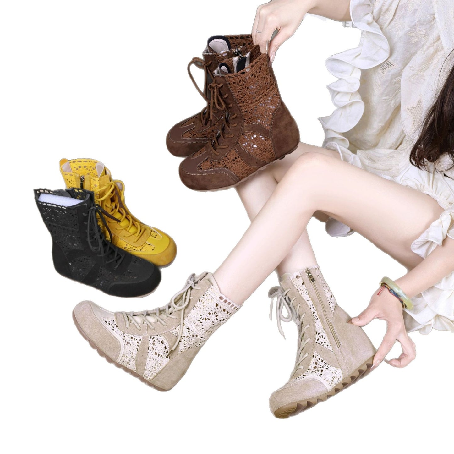Women's Bottom German Training Hollow Out Breathable Women's Leather Boots