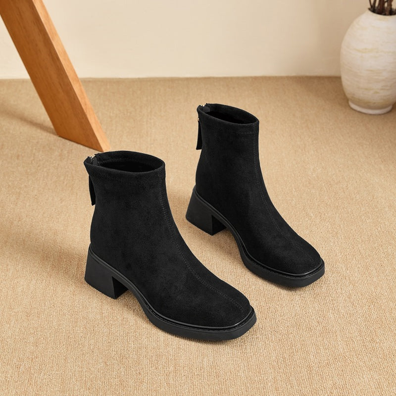 Women's Back Zipper Square Toe Thick Thin Vintage Fashion Suede High Women's Leather Boots