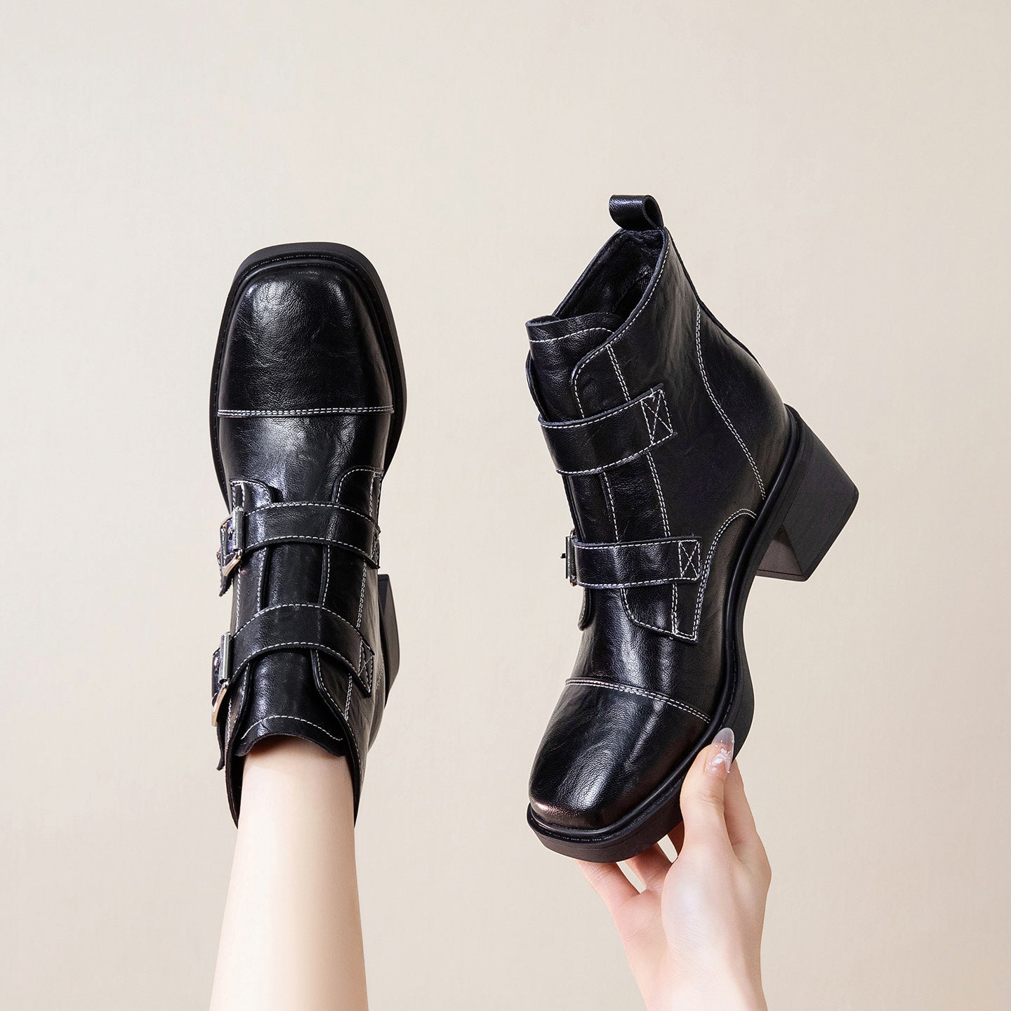 Women's Small Martin Spring British Style Velcro Niche Fashionable Belt Buckle Women's Leather Boots