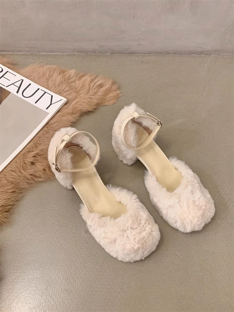 Women's Square Head Hollow Fluffy Fashionable Mary Jane Autumn Heels