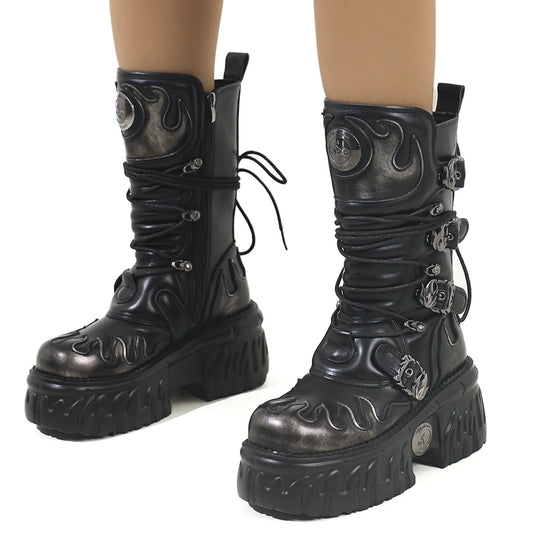 Brushed Dark Punk Metal Tank Thick Bottom Side Zipper Gothic Women's Leather Boots
