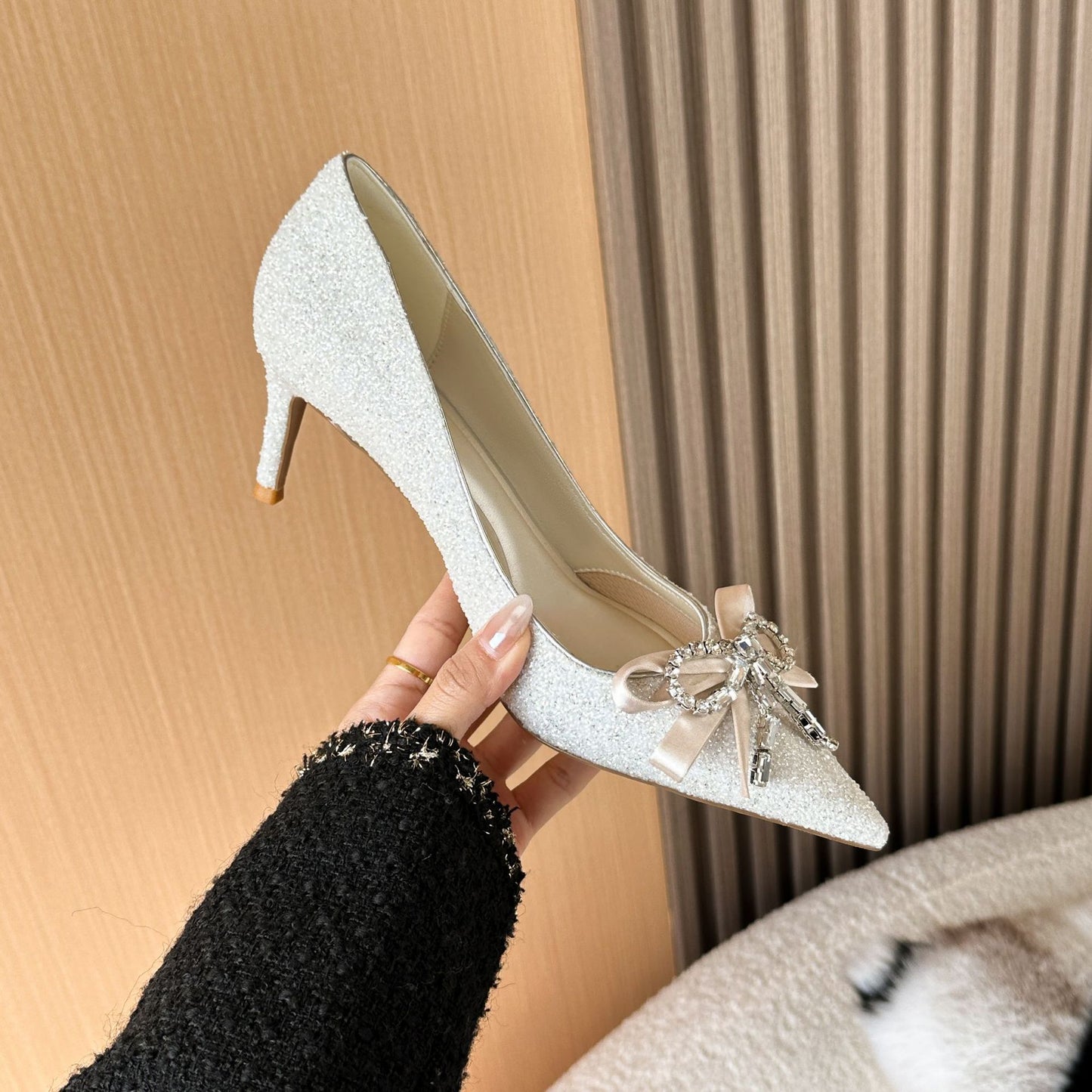 Women's Wedding Crystal Bow High Pointed Sequins Women's Fashion Shoes