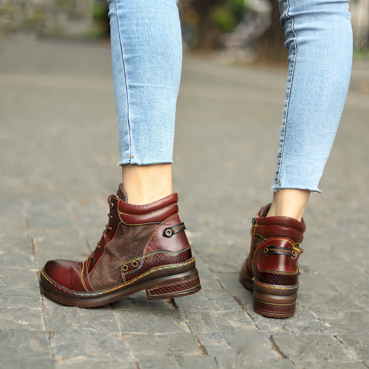 Women's Retro Textured Texture Motorcycle Chunky Women's Leather Boots