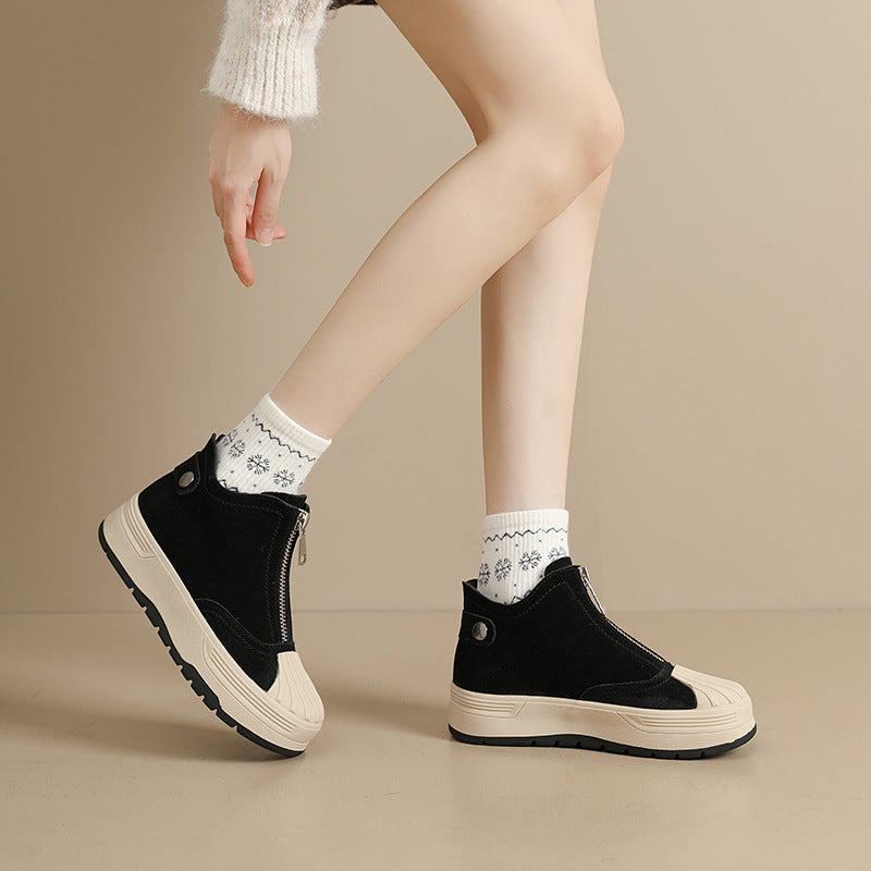 Women's Genuine Front Zipper Flat Shell Toe Board Women's Leather Boots